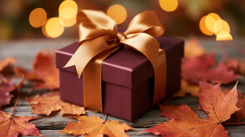 Burgundy gift box with gold satin ribbon bow on wooden table surrounded by autumn maple leaves