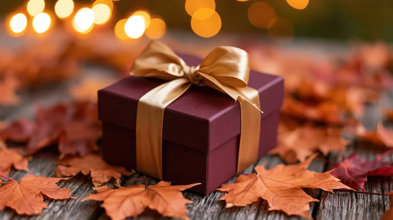 Burgundy gift box with gold satin ribbon bow on wooden table surrounded by autumn leaves and warm bokeh lights
