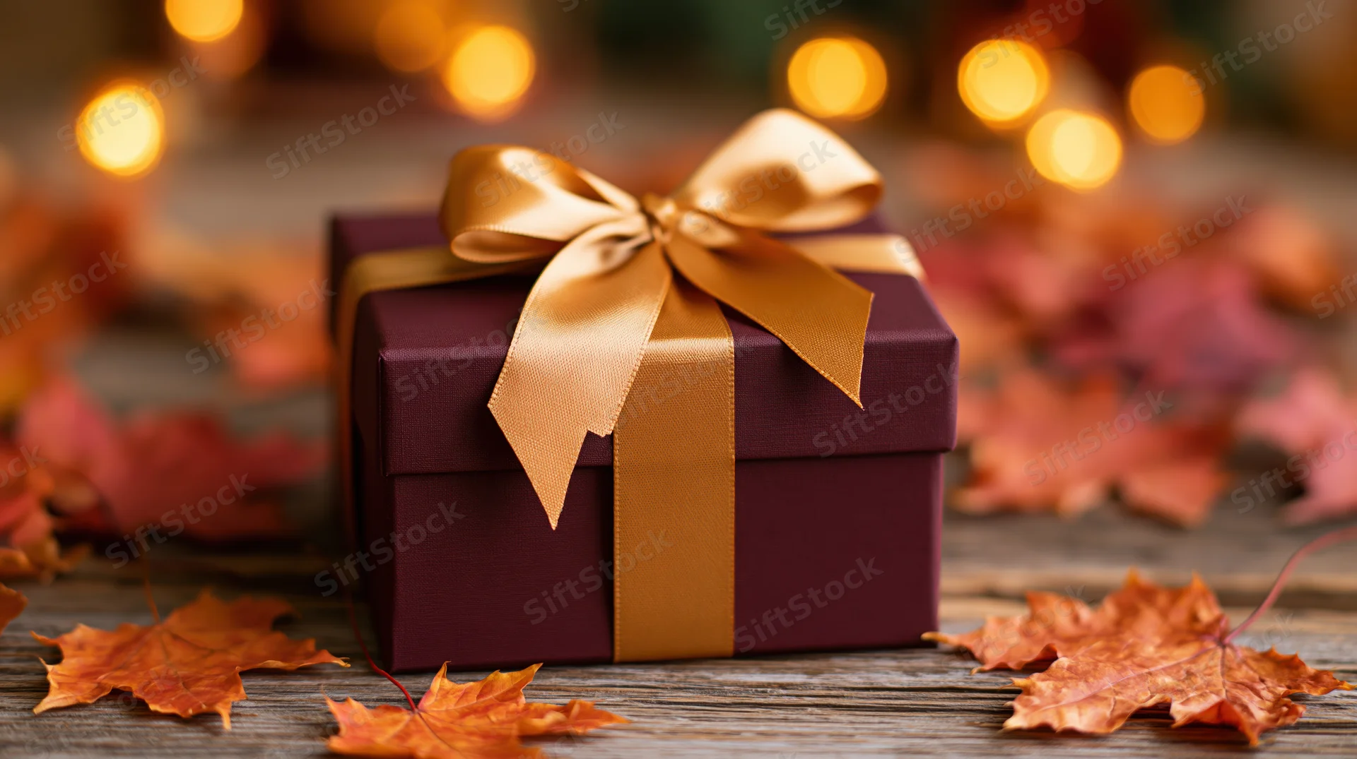 Burgundy gift box with gold satin ribbon bow on wooden table surrounded by autumn maple leaves and warm bokeh lights