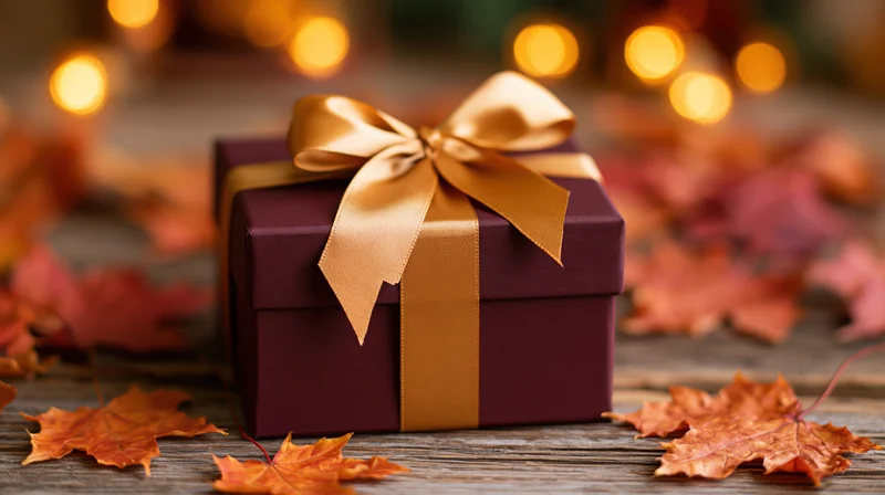 Burgundy gift box with gold satin ribbon bow on wooden table surrounded by autumn maple leaves and warm bokeh lights