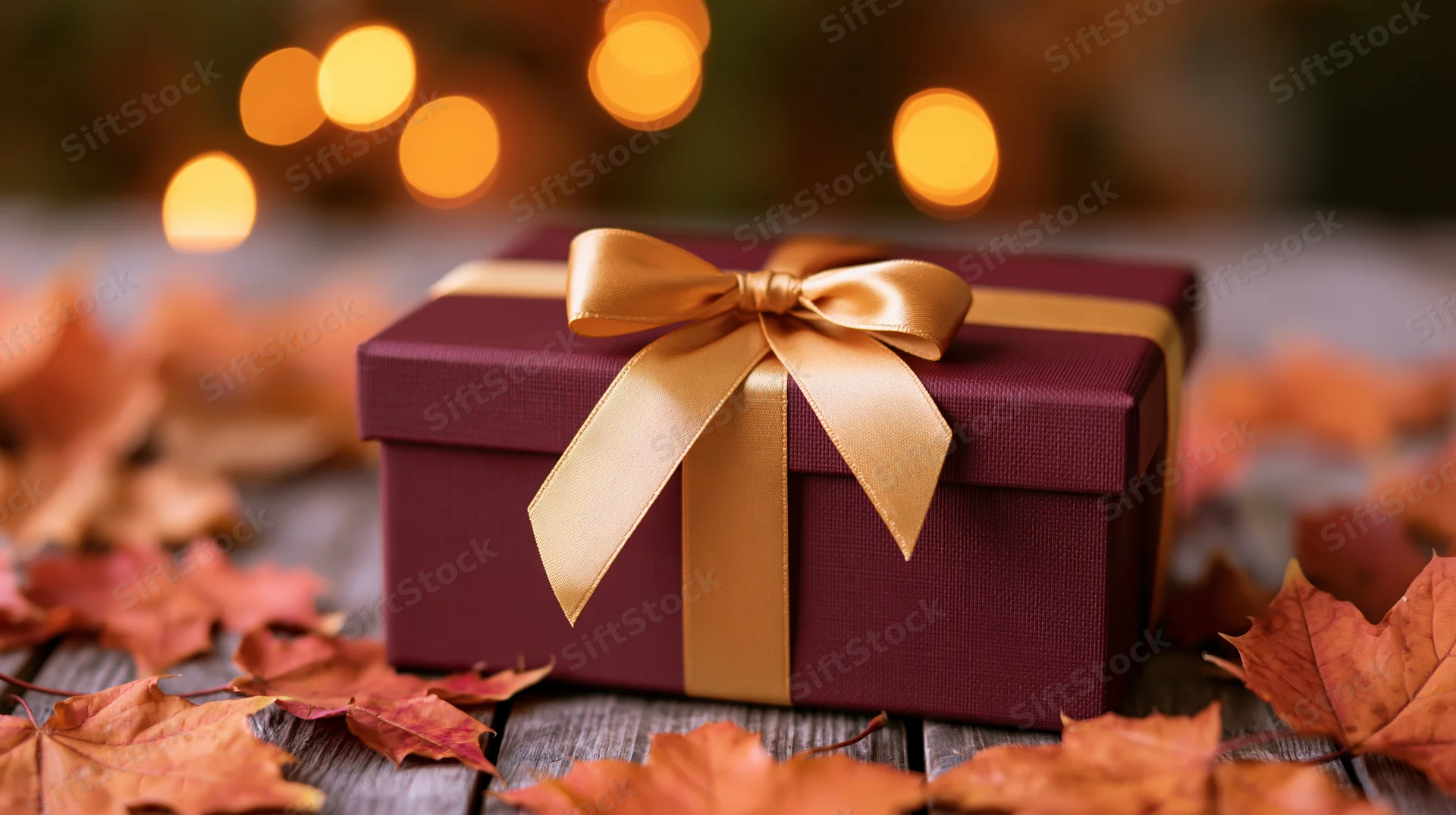 Burgundy gift box with gold satin ribbon bow on wooden table surrounded by autumn maple leaves and warm bokeh lights