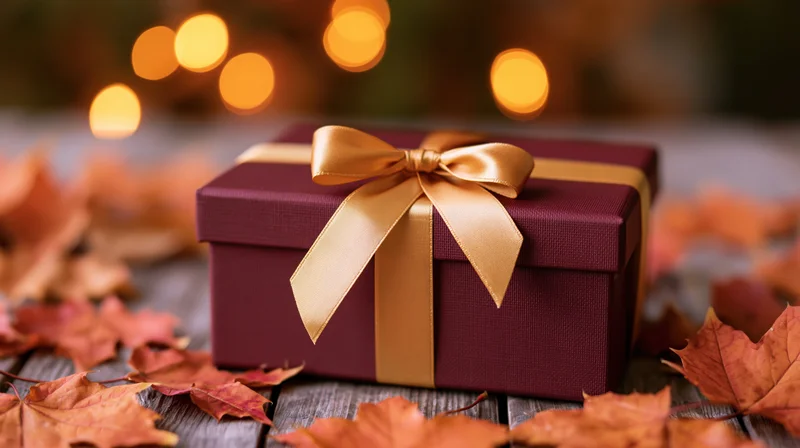 Burgundy gift box with gold satin ribbon bow on wooden table surrounded by autumn maple leaves and warm bokeh lights