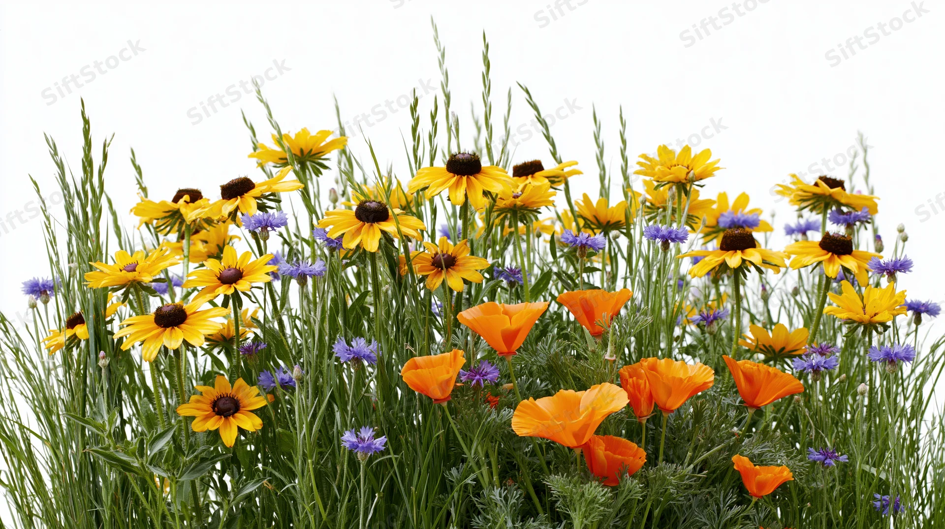 Dense cluster of wild meadow flowers including orange california poppies, yellow black-eyed-susan, and purple cornflowers against white background