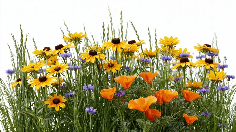 Dense cluster of wild meadow flowers including orange california poppies, yellow black-eyed-susan, and purple cornflowers against white background