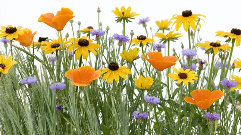 Dense cluster of orange, yellow and purple wildflowers growing in a meadow with green stems and petals against white background