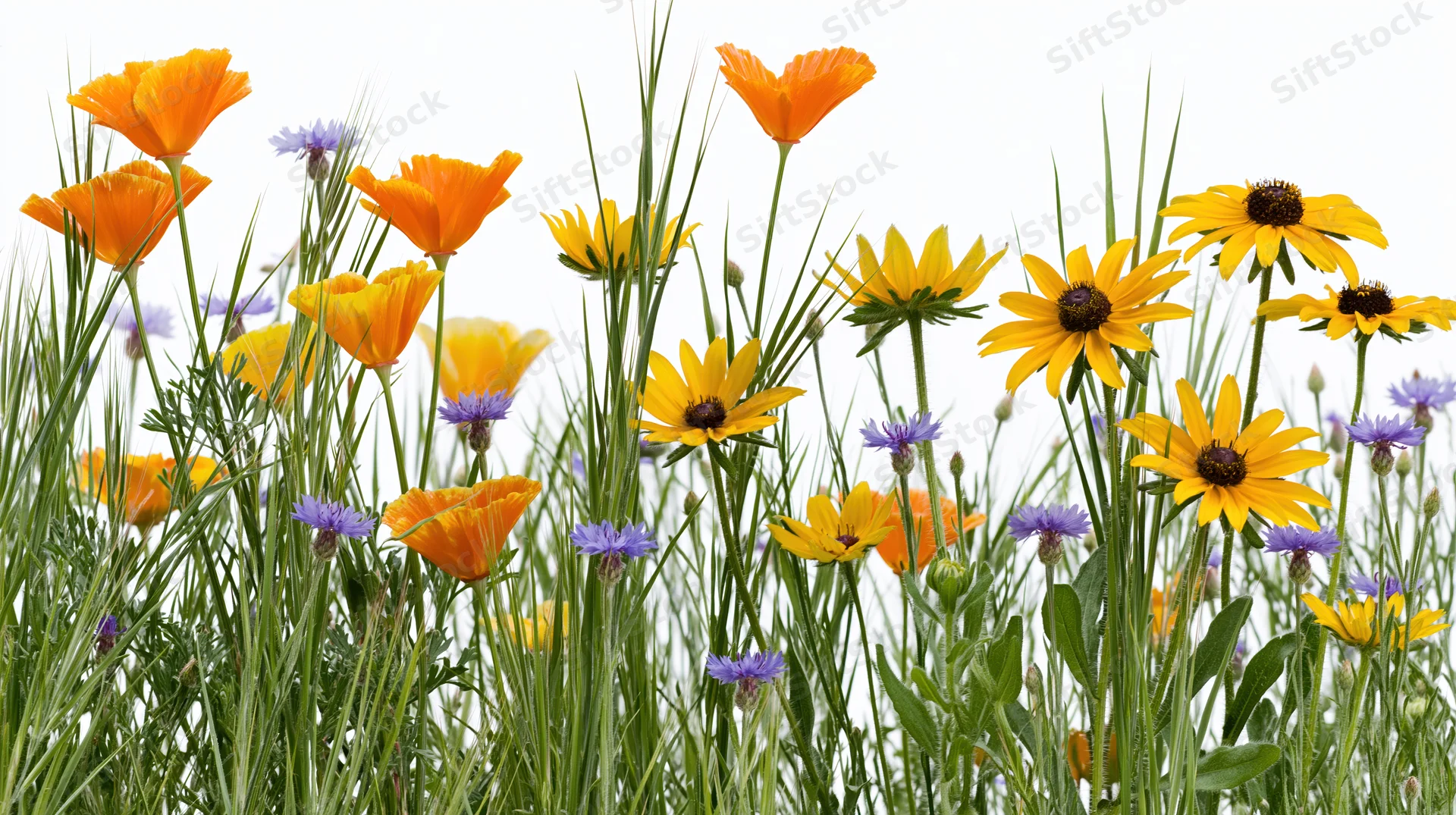 Dense cluster of orange, yellow and purple wildflowers growing in a green meadow with tall grass against a white background