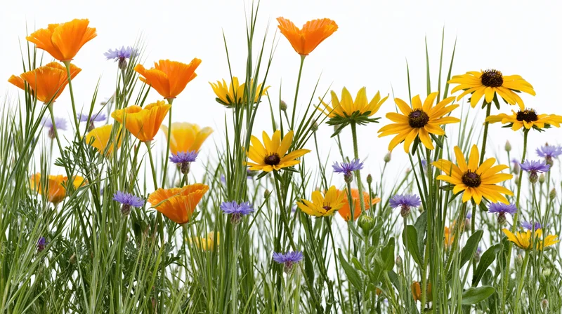 Dense cluster of orange, yellow and purple wildflowers growing in a green meadow with tall grass against a white background