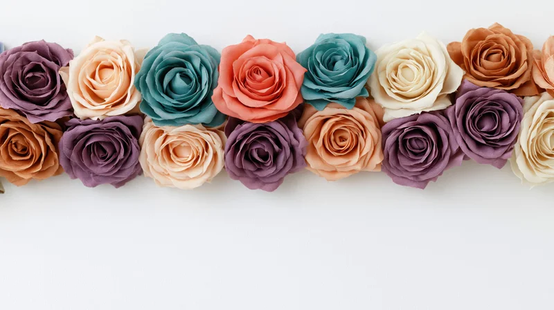 A horizontal row of pastel-colored paper roses arranged in a flat lay on a white surface
