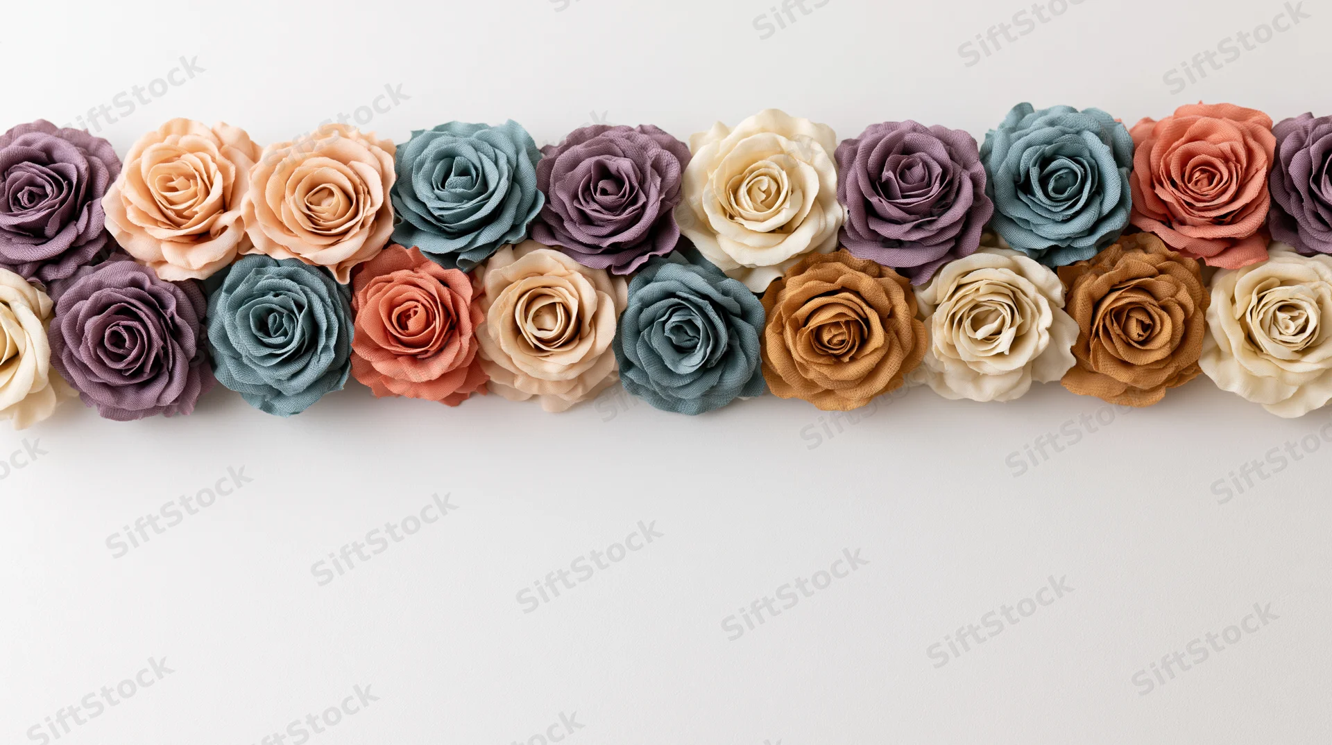 A horizontal row of artificial roses in muted pastel tones arranged as a decorative border on a white surface