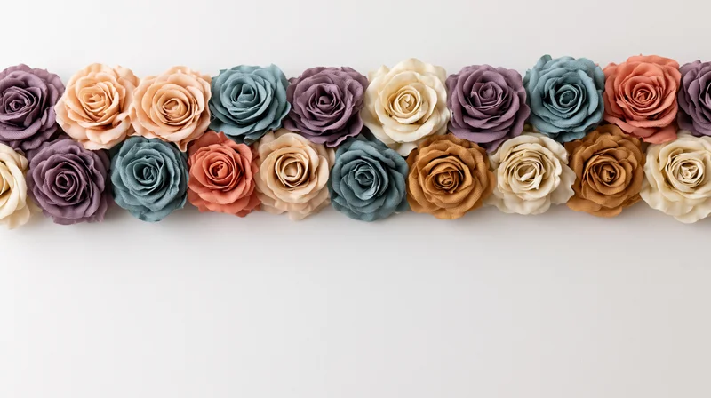 A horizontal row of artificial roses in muted pastel tones arranged as a decorative border on a white surface