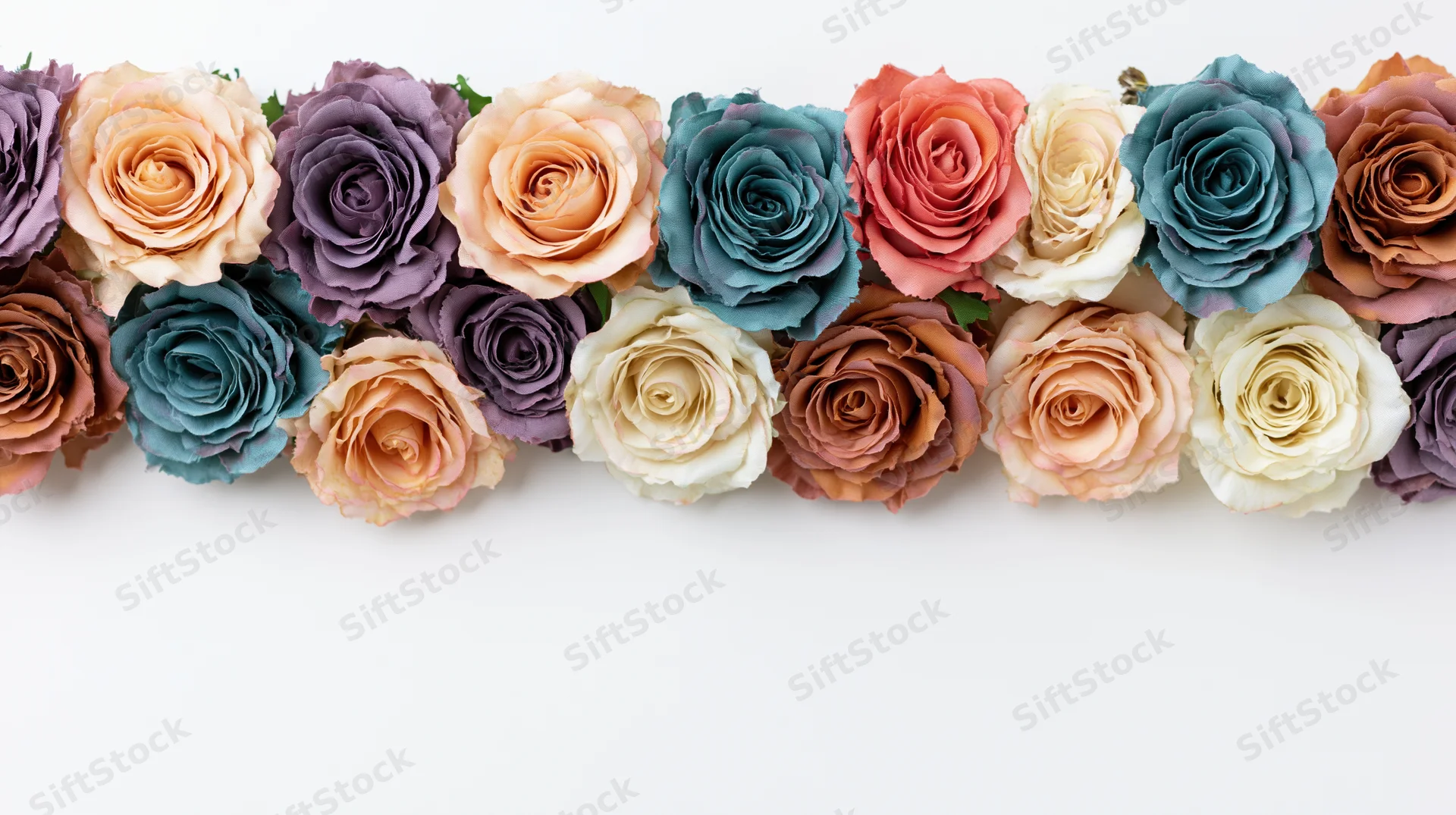 A dense horizontal row of mixed roses in muted pastel tones arranged as a floral border on a white background
