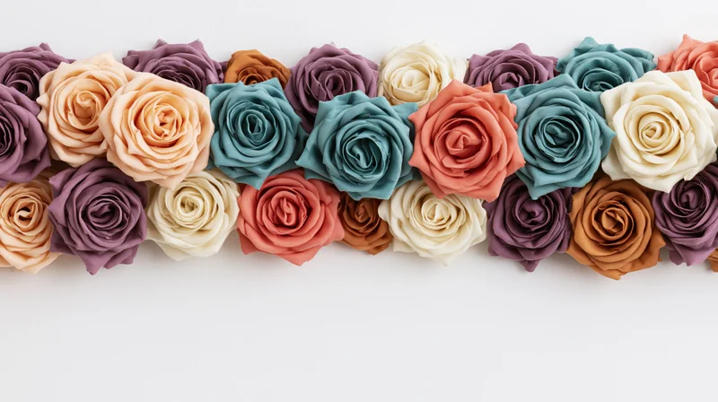 Horizontal row of pastel roses arranged in a dense floral pattern on white background