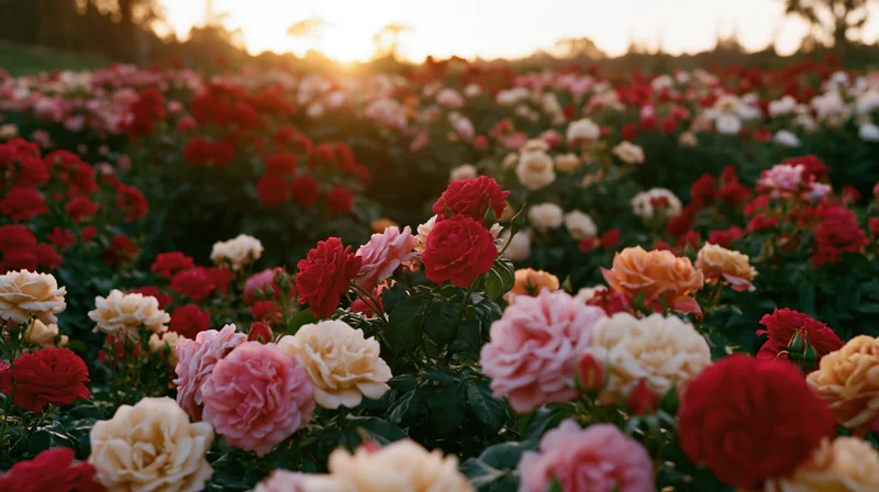 Dense rose garden in full bloom at sunset with warm light and soft focus background