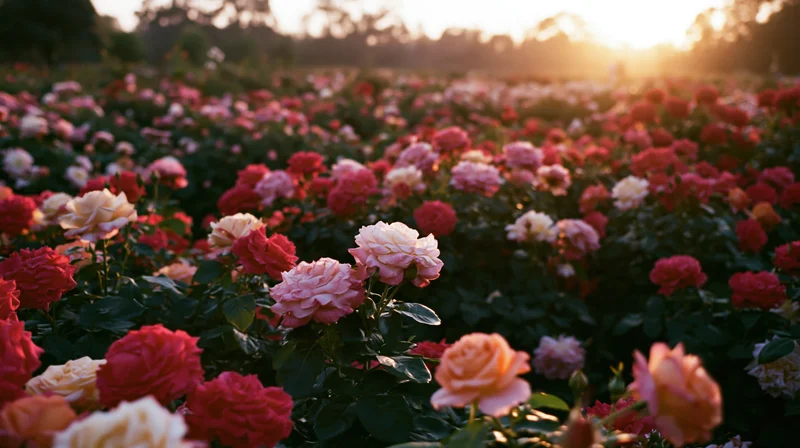 Dense rose garden in full bloom at sunset stretching to the horizon