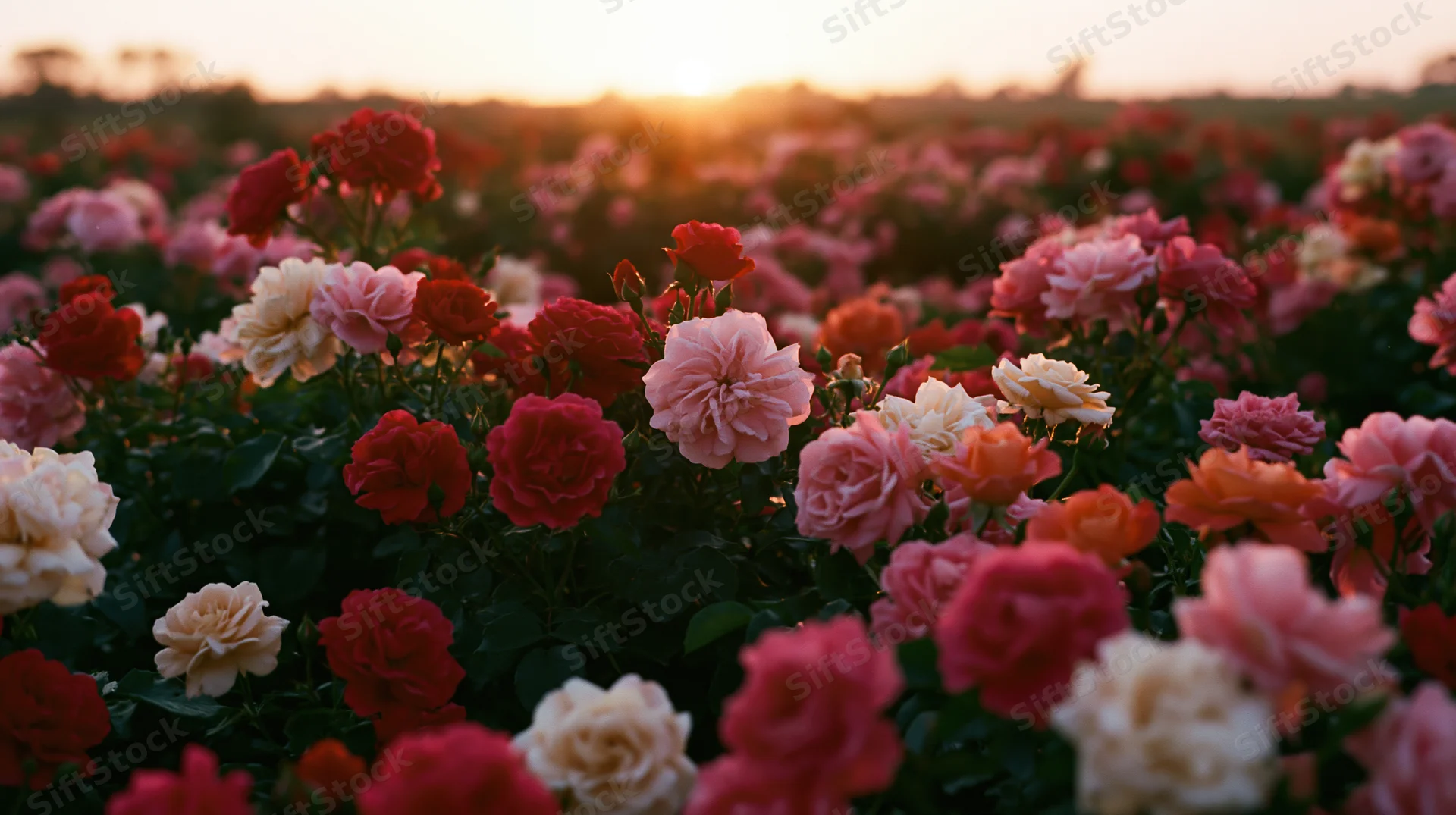 Dense rose garden in full bloom at sunset stretching to the horizon