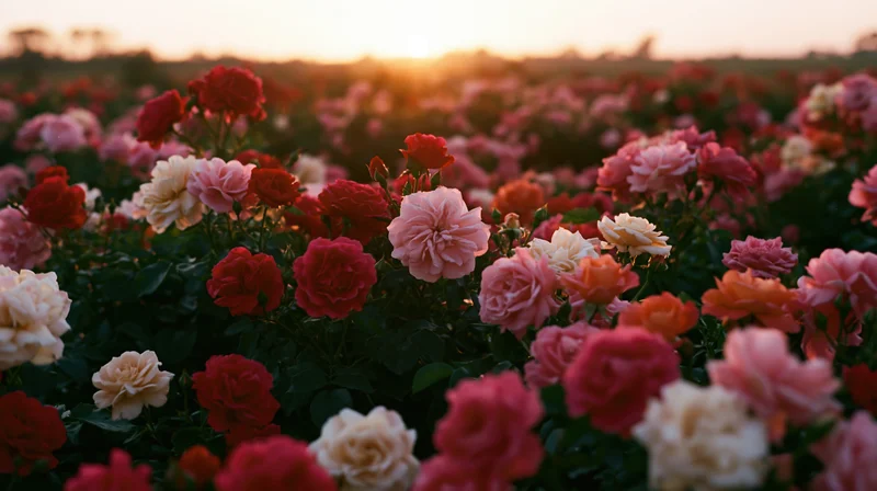 Dense rose garden in full bloom at sunset stretching to the horizon