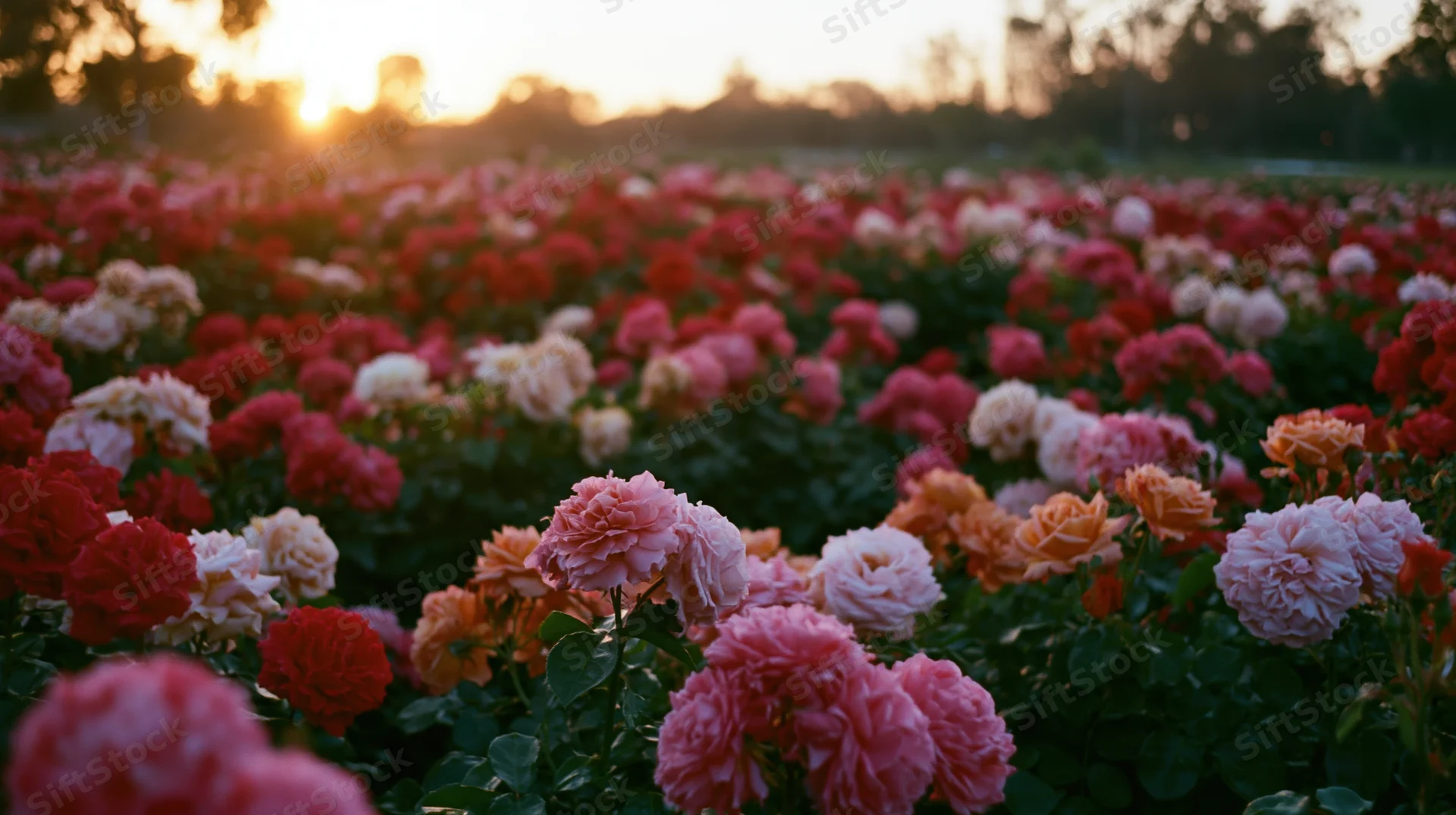 Dense rose garden in full bloom at sunset with soft golden light and blurred background