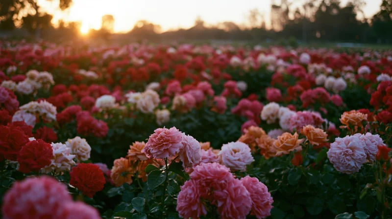 Dense rose garden in full bloom at sunset with soft golden light and blurred background