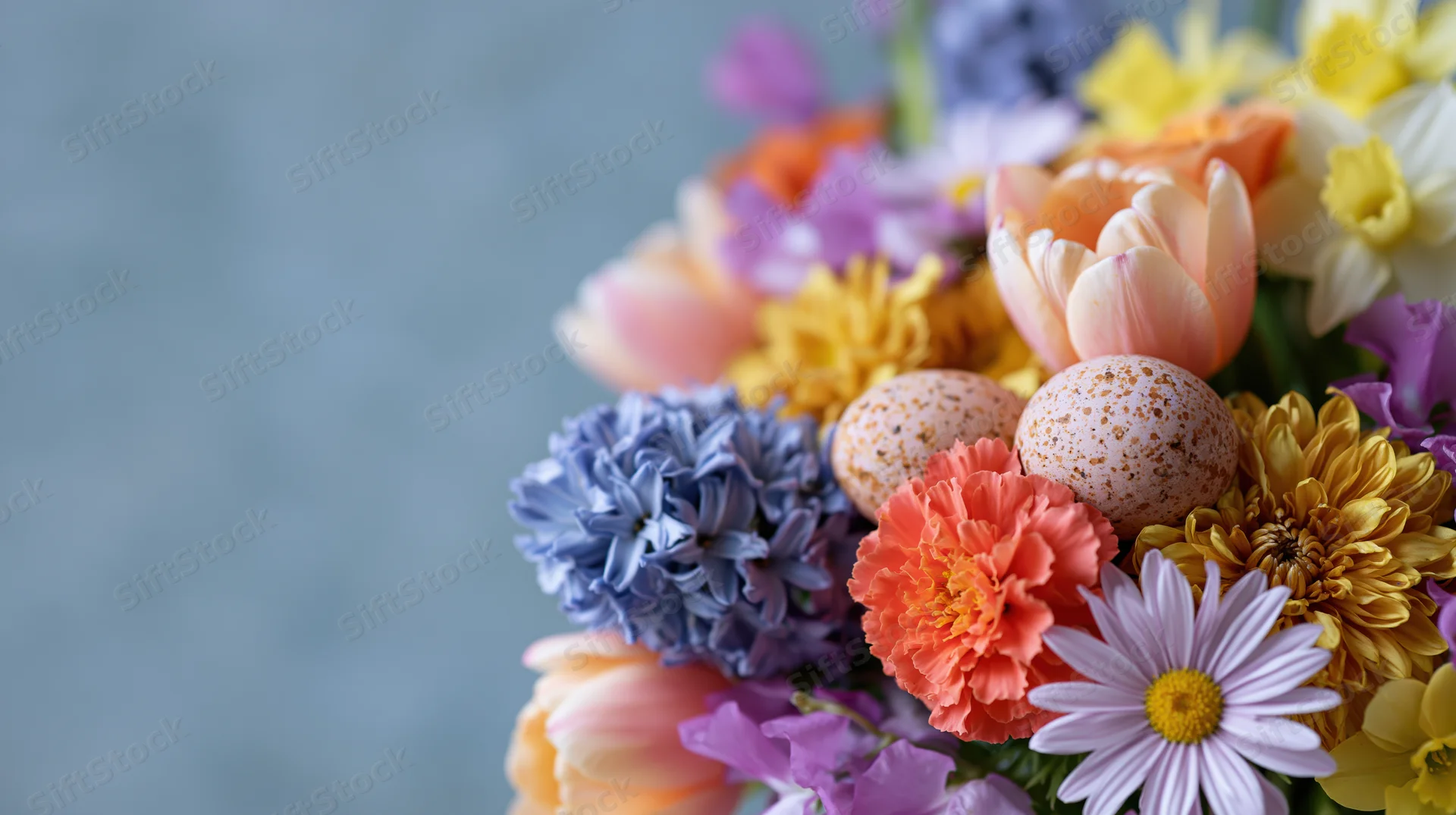 Colorful spring flower bouquet with speckled easter eggs arranged on right side against soft blue background