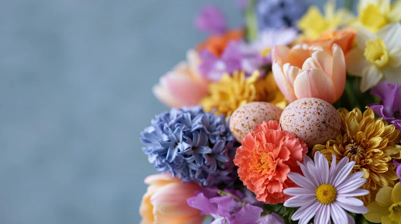 Colorful spring flower bouquet with speckled easter eggs arranged on right side against soft blue background