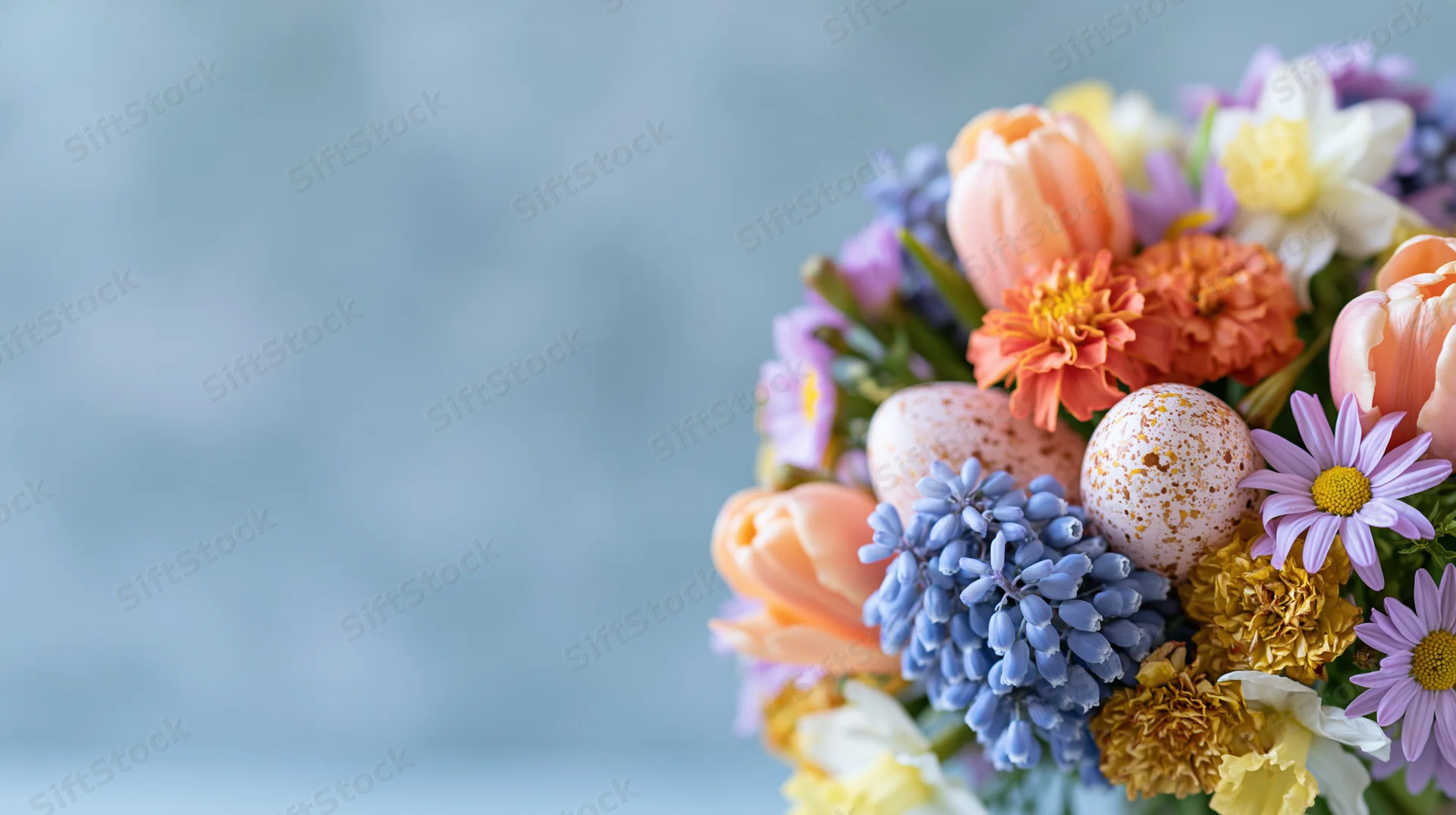 Spring flower bouquet with easter eggs arranged on right side against soft blue background