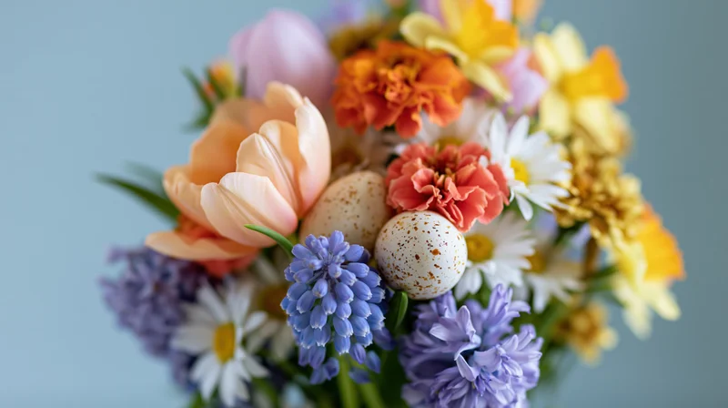 Spring flower bouquet with speckled eggs arranged on right side against light blue background