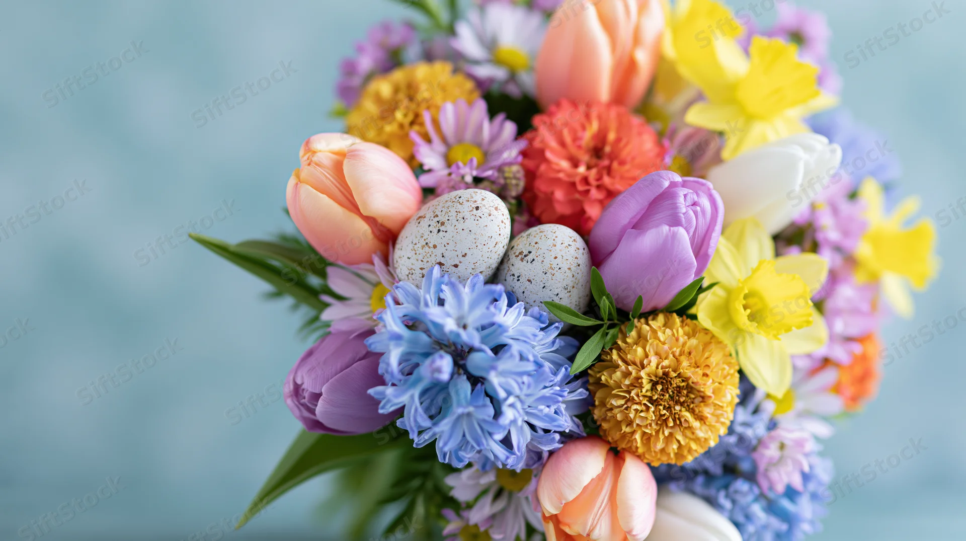 Dense spring flower bouquet with speckled eggs arranged on right side against light blue background
