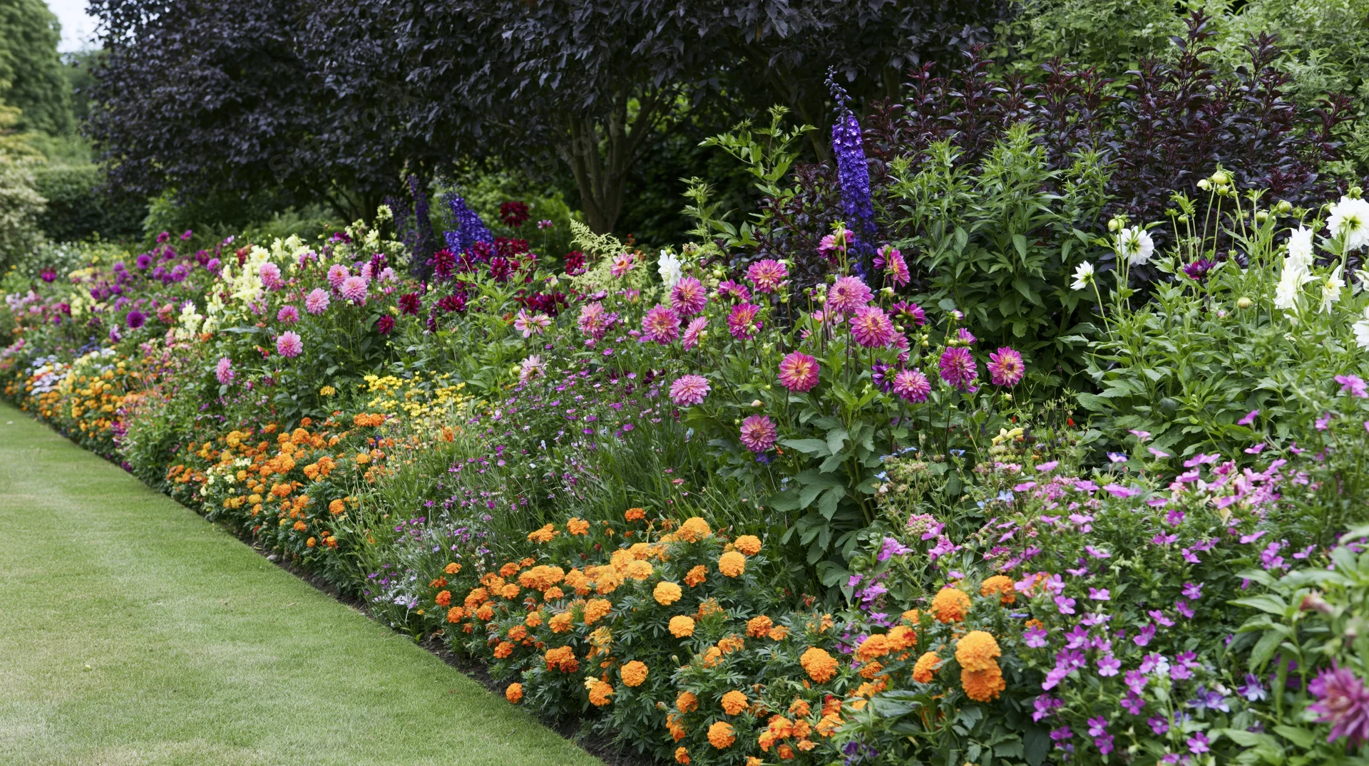 A densely planted cottage garden border in full summer bloom along a mown lawn