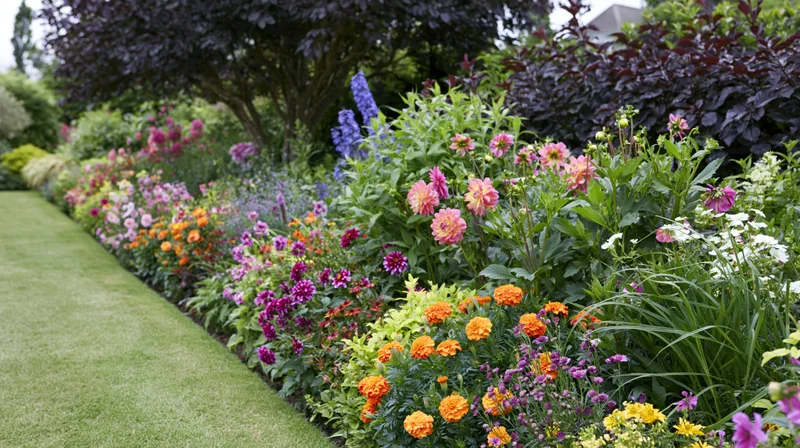 A densely planted cottage garden border in full summer bloom alongside a neatly trimmed lawn