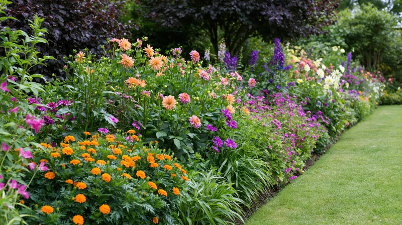 A colorful cottage garden border in full summer bloom alongside a neatly trimmed lawn