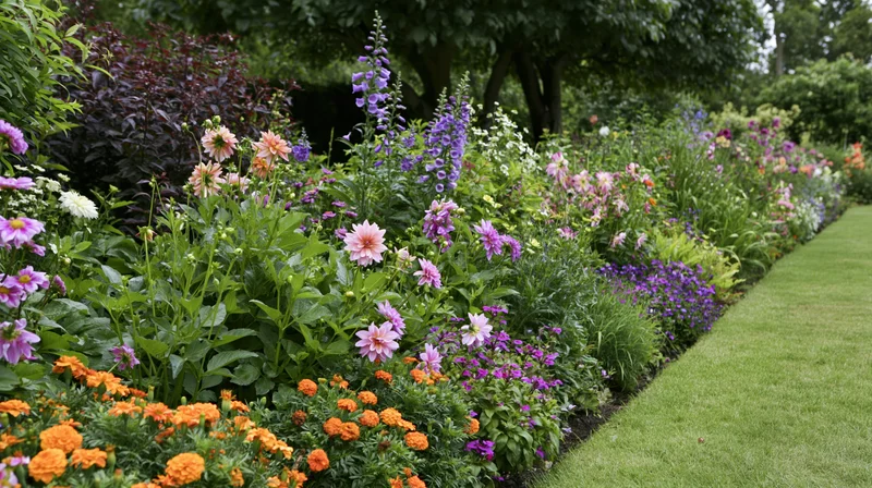 A cottage garden border in full summer bloom with colorful flowers and green foliage alongside a mowed lawn
