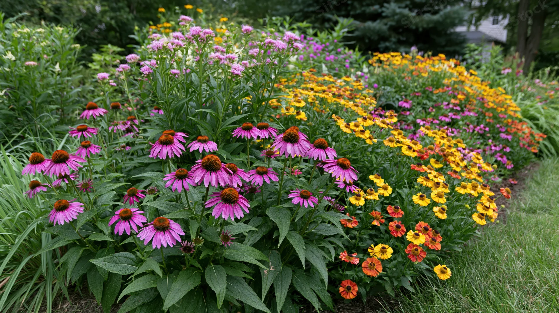 A densely planted perennial garden border in full summer bloom with pink, yellow, and orange flowers alongside green foliage and a grassy path