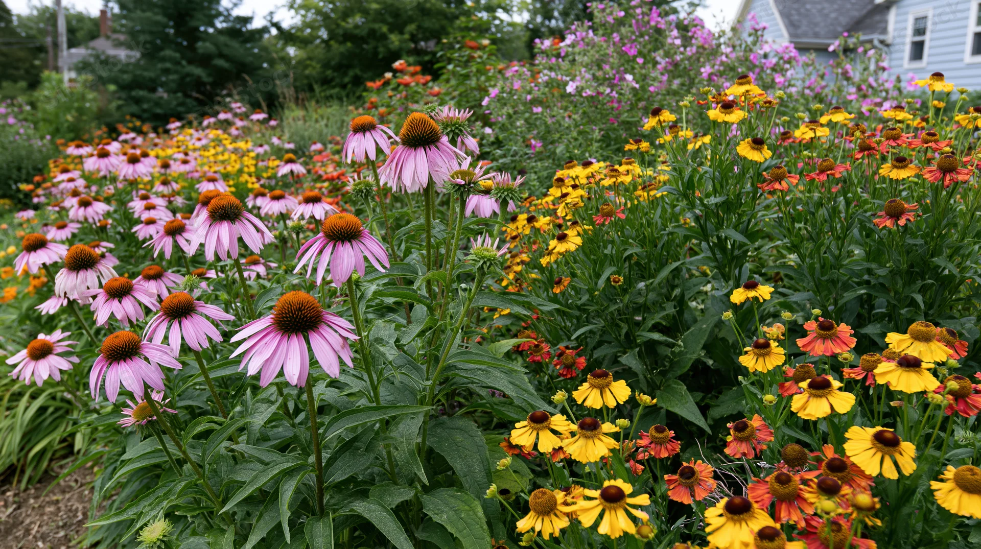 A densely planted perennial garden border in full summer bloom with pink coneflowers, yellow rudbeckia, and orange helenium among green foliage