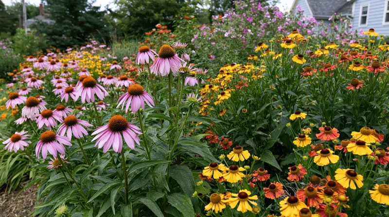 A densely planted perennial garden border in full summer bloom with pink coneflowers, yellow rudbeckia, and orange helenium among green foliage