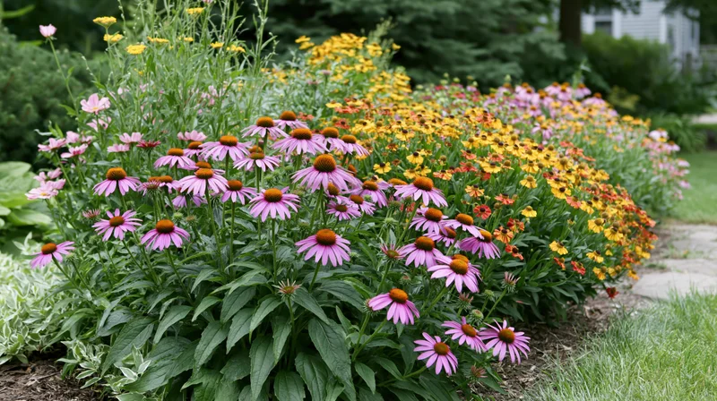 A densely planted perennial garden border in full summer bloom with pink and yellow flowers along a grassy path