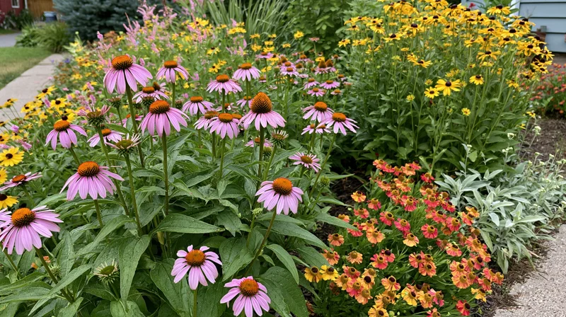A densely planted perennial garden border in full summer bloom with pink coneflowers, yellow rudbeckia, and orange helenium along a gravel path