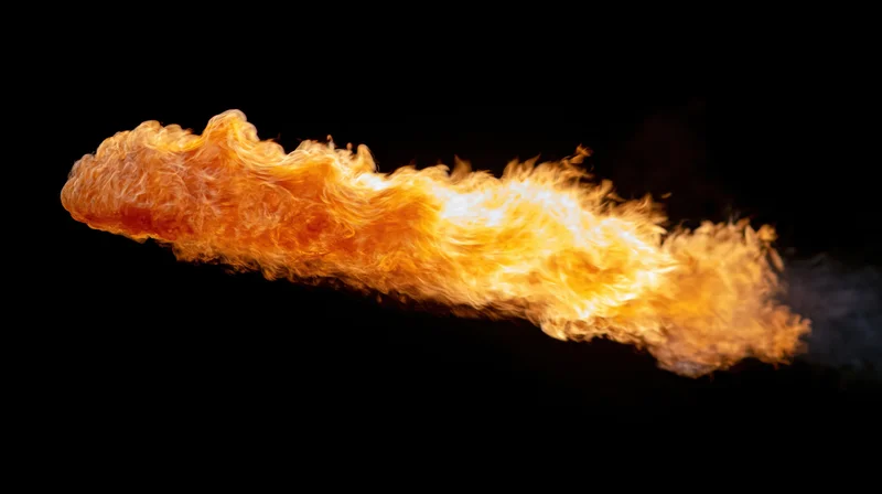Diagonal jet of fire shooting across a pitch-black background
