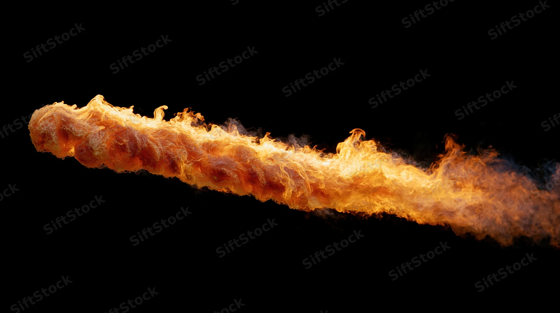 Diagonal jet of fire burning across a black background