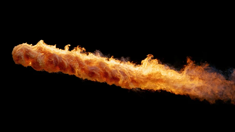 Diagonal jet of fire burning across a black background