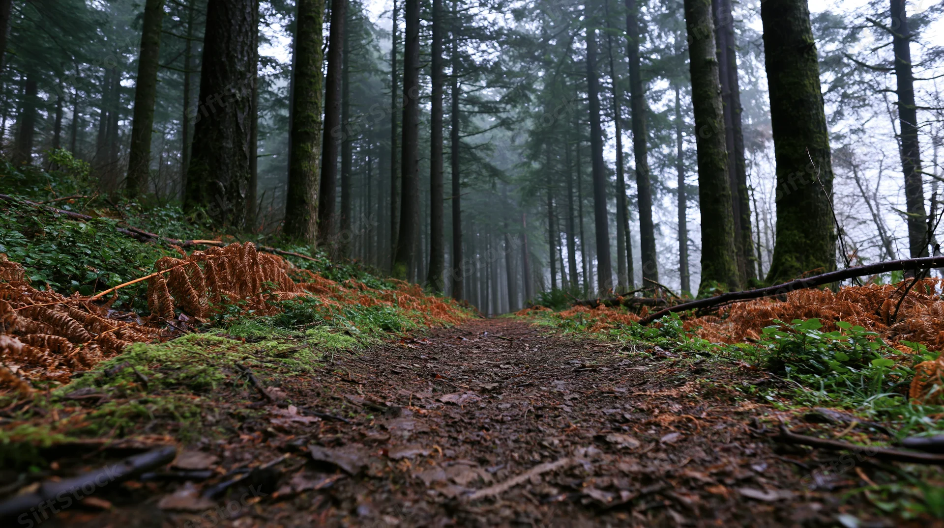 Dirt path winding through foggy forest lined with tall conifer trees and mossy ground cover