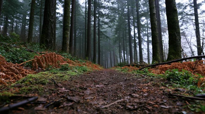 Dirt path winding through foggy forest lined with tall conifer trees and mossy ground cover