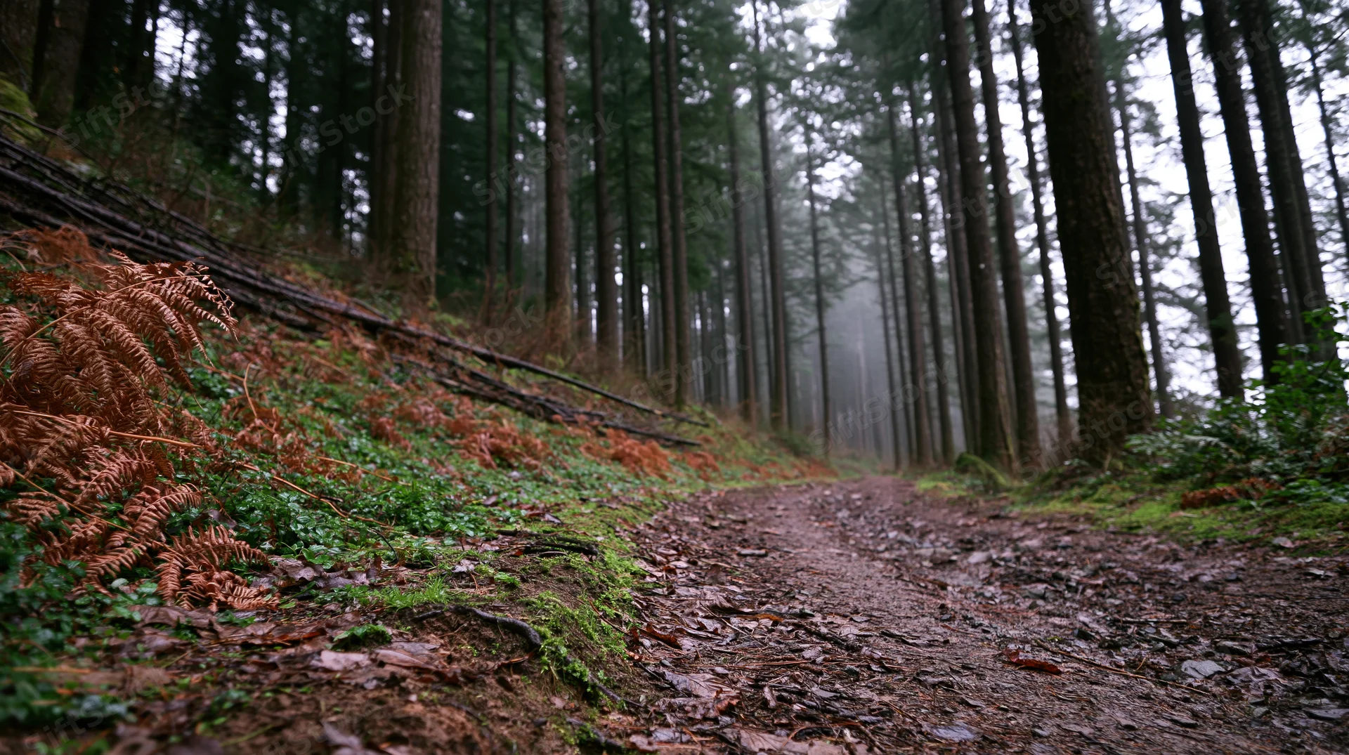 Muddy dirt path winding through tall conifer forest with ferns and moss on overcast day
