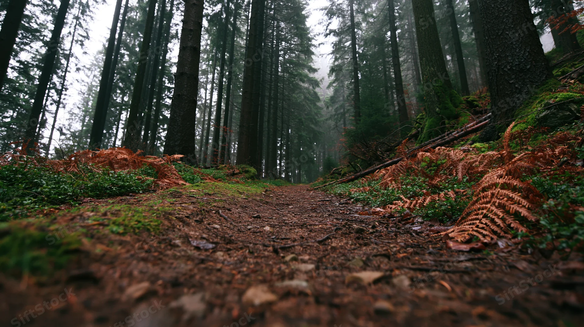 Low-angle view of a dirt path winding through a misty conifer forest with moss and ferns along the sides