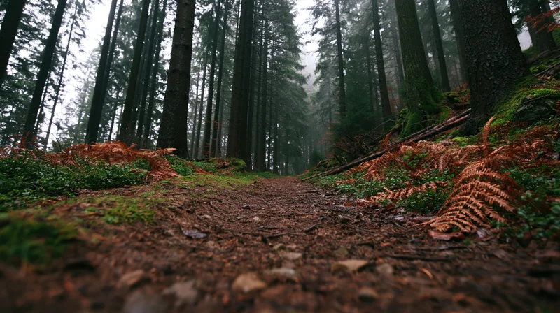 Low-angle view of a dirt path winding through a misty conifer forest with moss and ferns along the sides