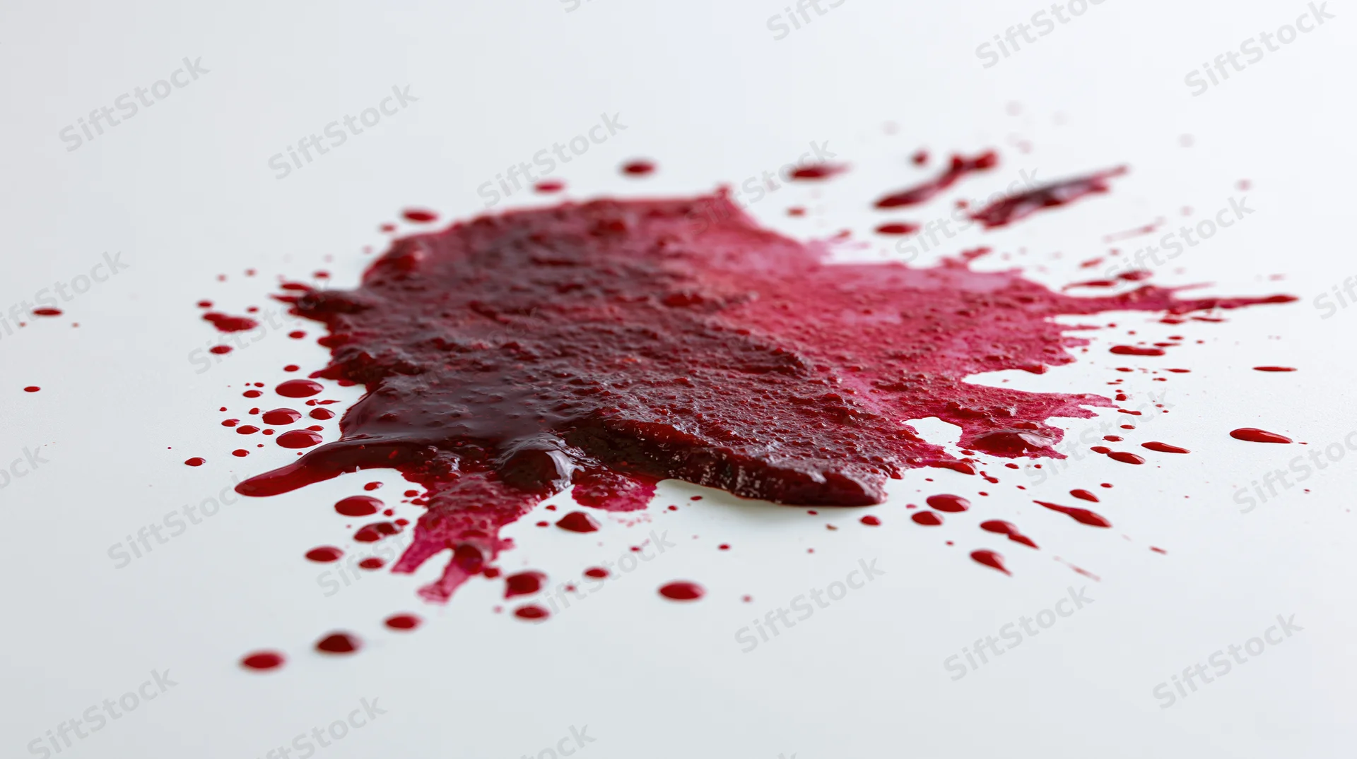 Dried red liquid splatter on plain white surface