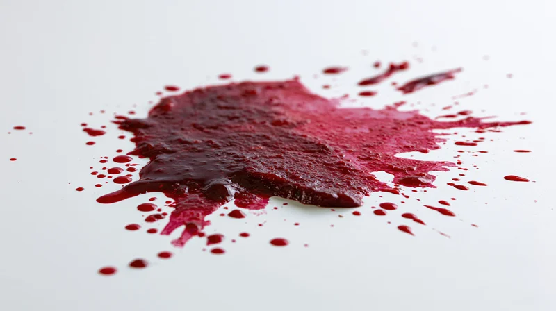 Dried red liquid splatter on plain white surface