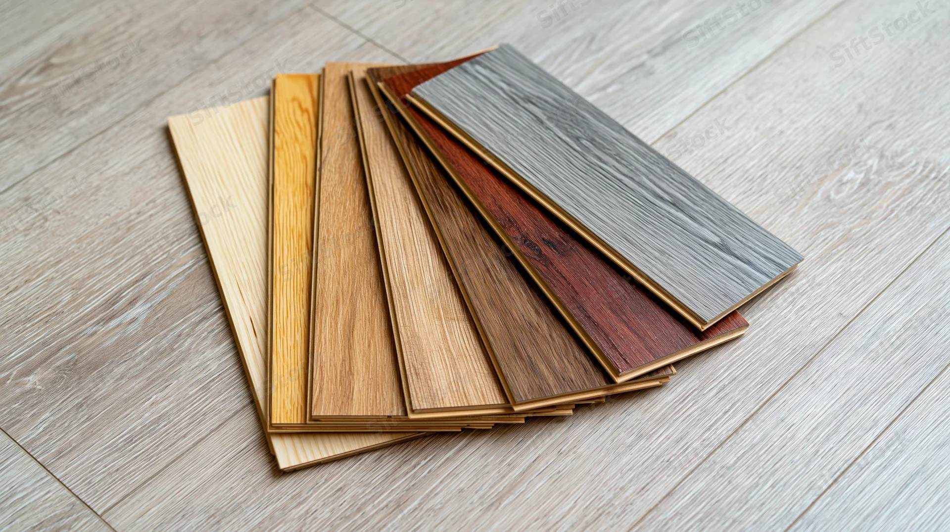 Fanned spread of wood flooring sample planks arranged on a light wood floor
