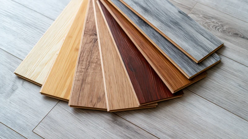 Fanned wood flooring sample planks arranged on a light gray floor for selection