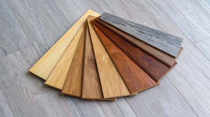 Fanned wood flooring sample planks arranged on a light gray laminate floor