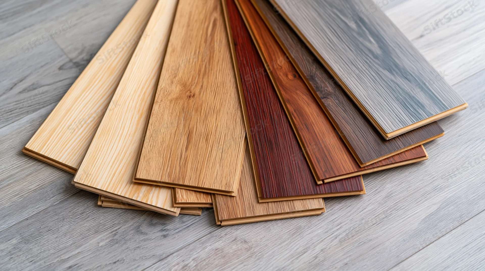 Fanned spread of wood flooring sample planks arranged on a gray wood floor